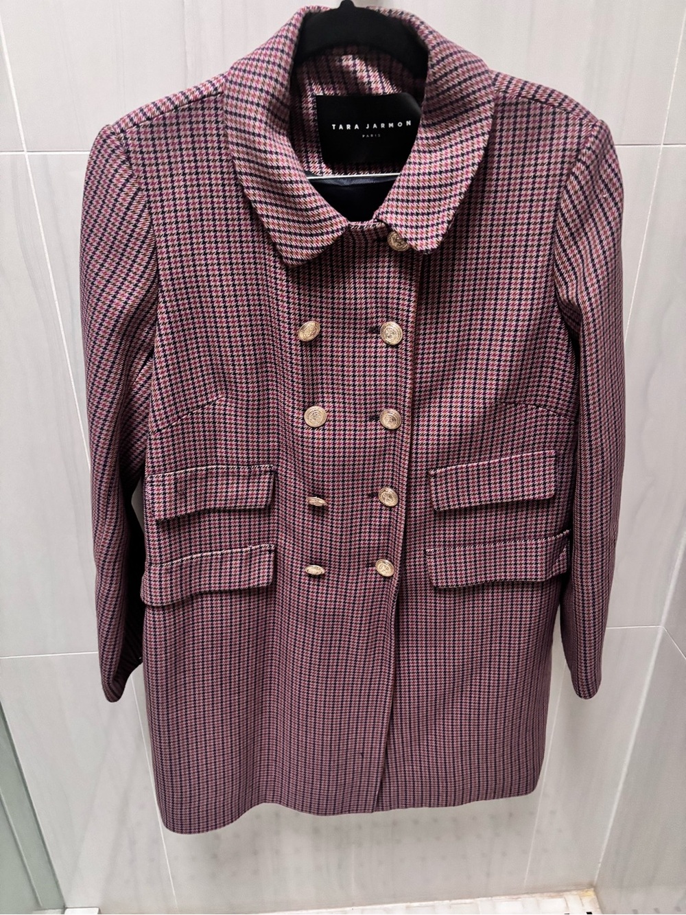 Tara Jarmon Pink Houndstooth Double-Breasted Pea Coat